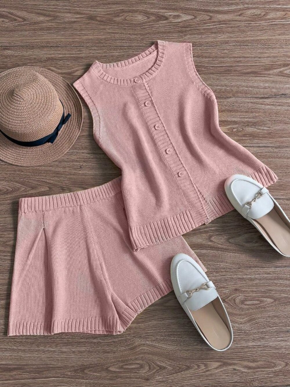 Pink Casual Women's Single-Breasted Knit Cardigan & Shorts 2-Piece Sweater Set - Picture 5 of 6